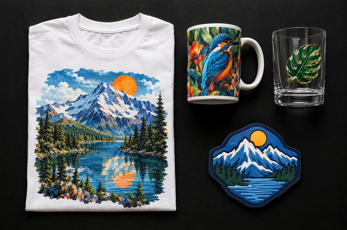 Camiseta DTF, taza sublimada, vaso con sticker UV y escudo 3D
