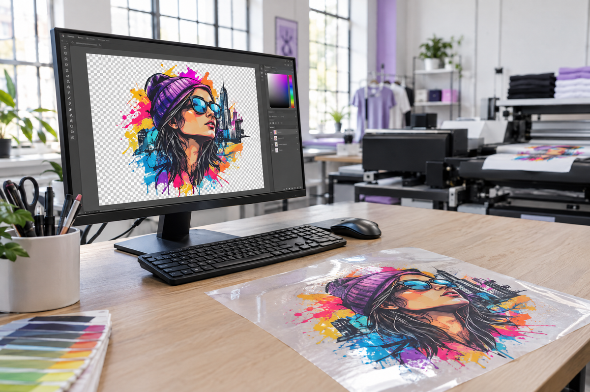 Diseño con fondo transparente en pantalla y film DTF impreso en la mesa