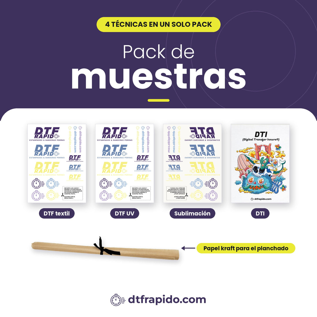 Pack de muestras DTFrápido: pliegos de DTF textil, DTF UV, sublimación y DTI con papel kraft para el planchado